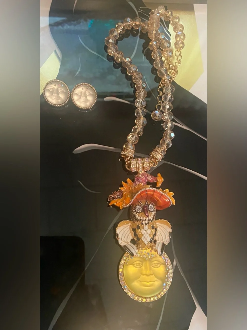Kirks Folly Moon & Owl Magnetic Pendant/Necklace & Moon Earrings #81